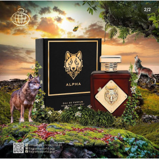 Alpha EDP 100 ml — товар в стилизованной композиции; очень крупный план; на каменной поверхности; самый близкий кадр