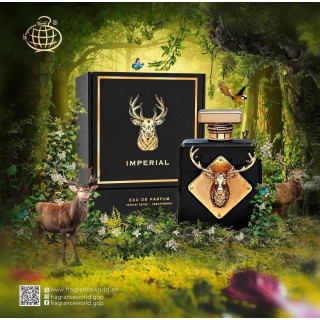 Fragrance World Imperial EDP 100 ml — productweergave; zeer nabije close-up; op een gekleurde achtergrond; ruimste kadrering