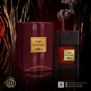 Oud Intense Saffron EDP 100 ml — productweergave; zeer nabije close-up; op een donkere achtergrond; meest nabije kadrering