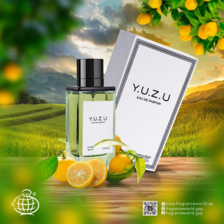 Y.U.Z.U EDP 100 ml — товар в стилизованной композиции; очень крупный план; с ингредиентами аромата; самый близкий кадр