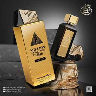 Fragrance World La Uno Million Elixir EDP 100 ml — товар и упаковка; очень крупный план; на тёмном фоне
