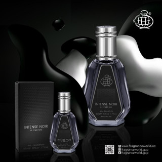 Fragrance World INTENSE NOIR EDP 50 ml — изображение товара; крупный план; на тёмном фоне
