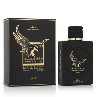 Lattafa Perfume Malik Al Tayoor Concentrated EDP 100 ml — продукт и опаковка; много близък план; на бял фон