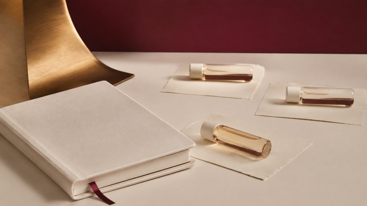 Three closed sample bottles on separate light-colored cards beside a notebook.