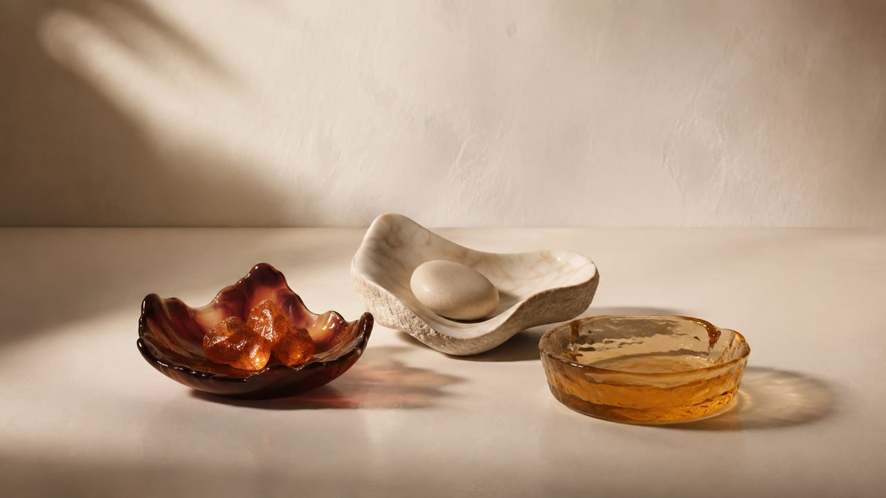 Separate vessels holding warm-toned resin forms, a pale stone, and golden glass.