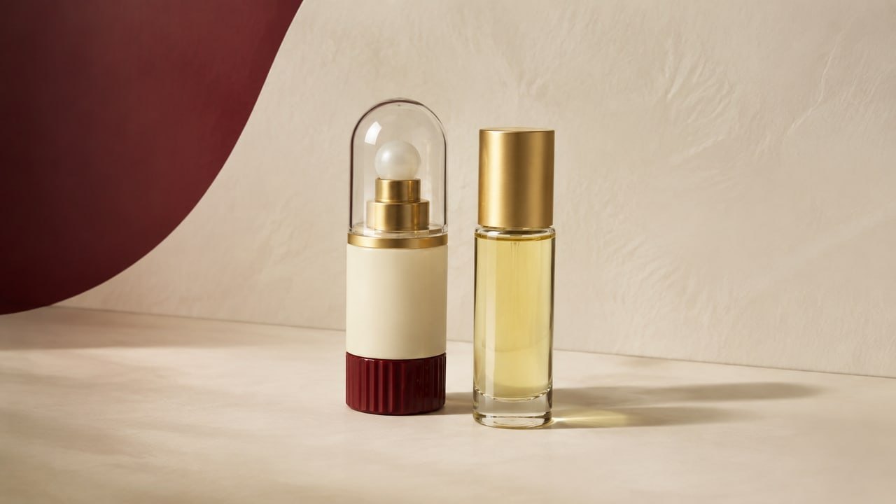 A rollerball applicator under a transparent cap and a closed container of oil.