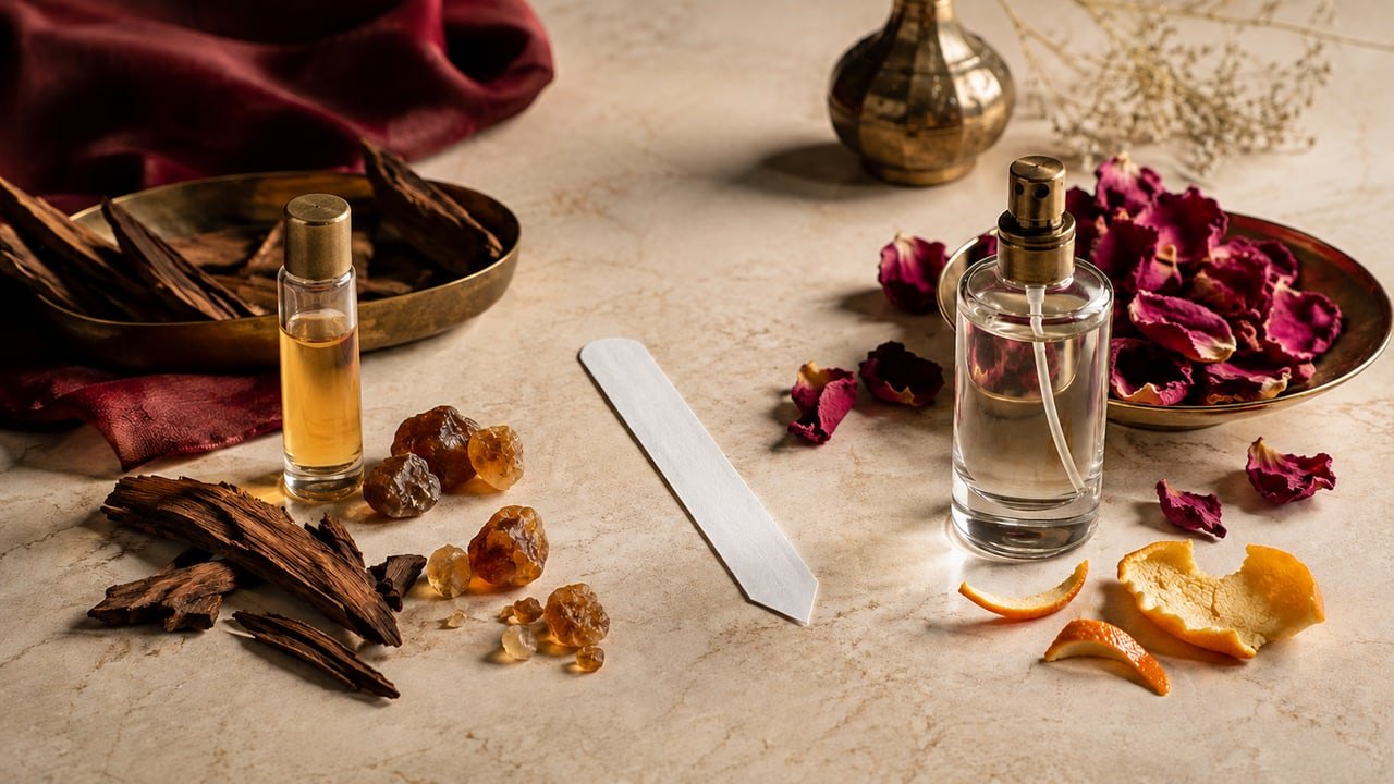 Two bottles with exposed spray nozzles, a fragrance strip, pieces of wood, resin shapes, petals, and citrus peel.