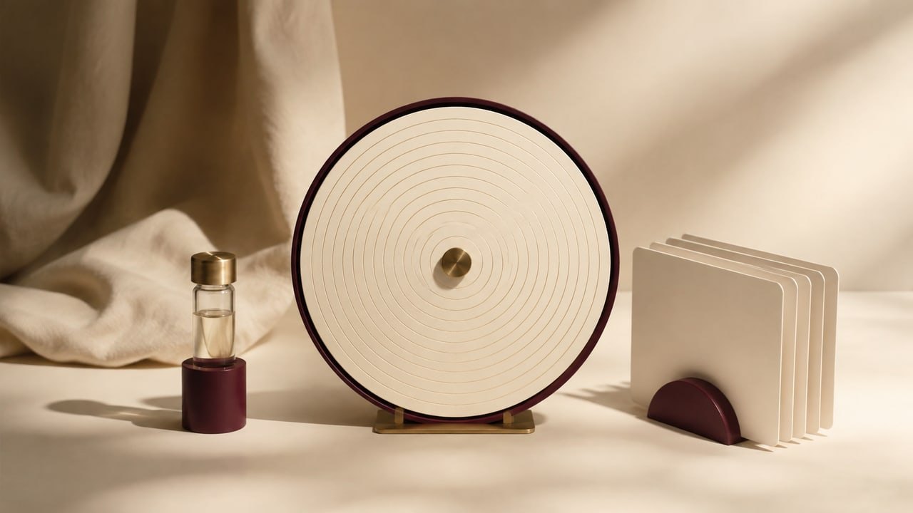 A circular disc with concentric rings, a fragrance sample and blank note cards.